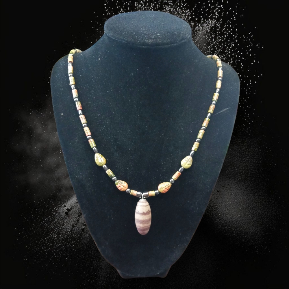 Artisan Fertility Necklace with Shiva Lingam, Unakite & Hematite